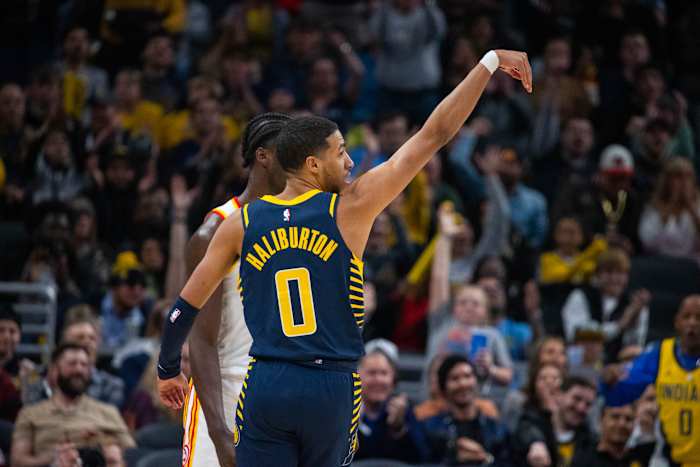 Pacers guard Tyrese Haliburton celebrates a made shot.